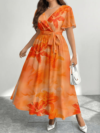 Plus Size - Plus Size - Plus Size Women'S Summer Printed Round Neck Short Sleeve Raglan Long Dress, Christmas Women'S Long Set