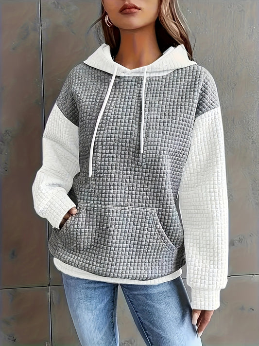 Comfortable Textured Colorblock Hoodie for Women with Drawstring Hood Long Sleeve Kangaroo Pocket Oversized Knit Style