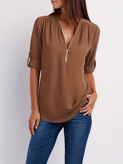 Effortless Zip Front Blouse for Women with V Neck Roll Tab Sleeve Relaxed Tunic Style