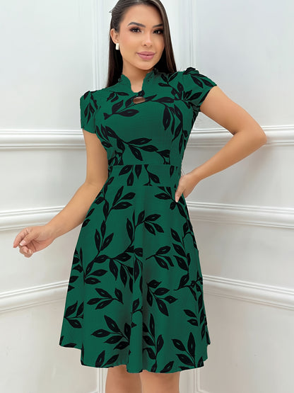 Elegant Leaf Print Fit and Flare Dress for Women with Keyhole Mock Neck Cap Sleeve Flowing Style