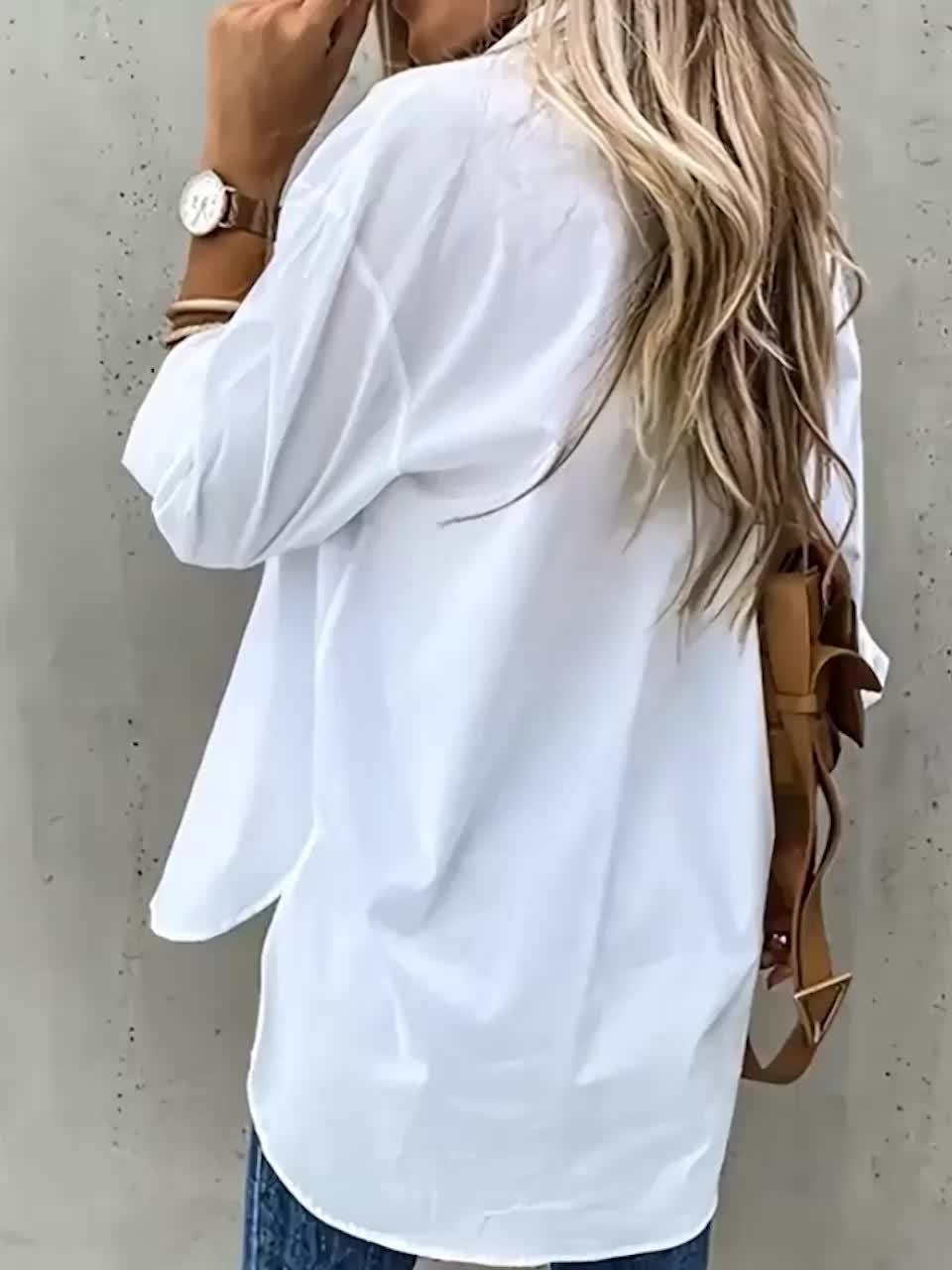 Solid Color Button-Up Long Sleeve Shirt for Women