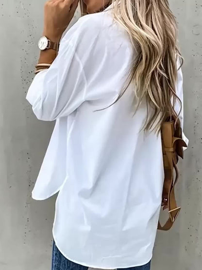 Solid Color Button-Up Long Sleeve Shirt for Women