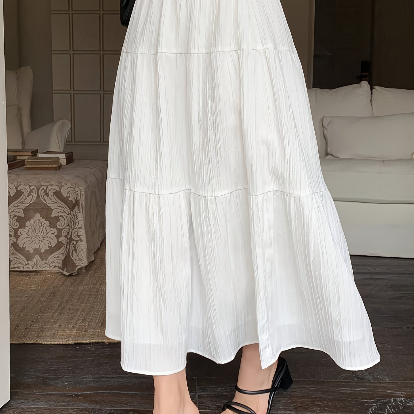 Elegant White Tiered Maxi Skirt for Women with High Waist Elastic A Line Flowing Style