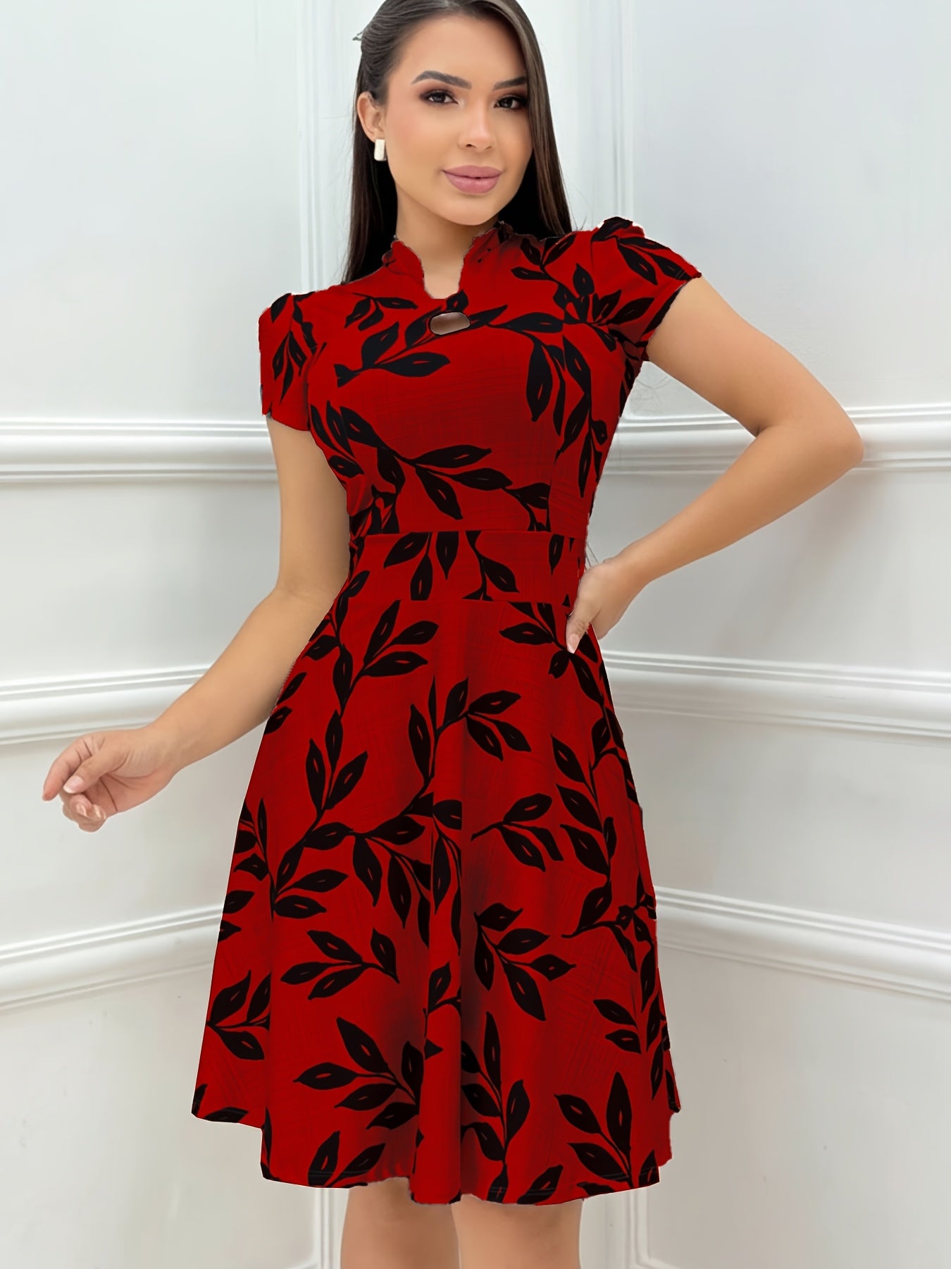 Elegant Leaf Print Fit and Flare Dress for Women with Keyhole Mock Neck Cap Sleeve Flowing Style