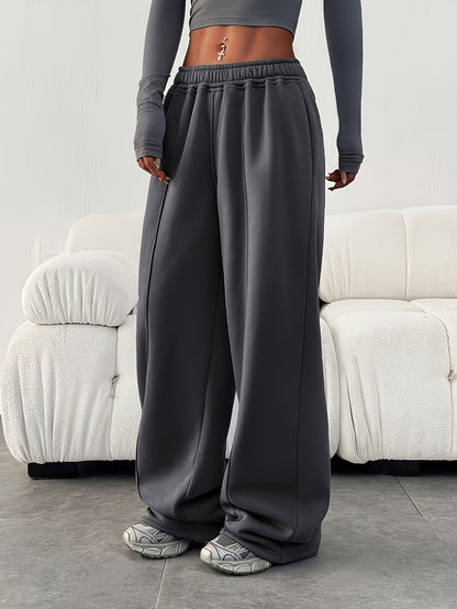 Effortless Fleece Wide Leg Sweatpants for Women with High Waist Elastic Side Pocket Relaxed Casual Style
