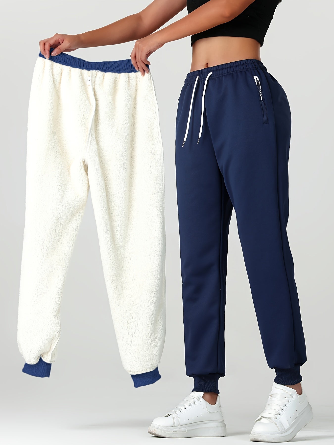 1pc of Autumn/winter Women's Long Pants, -lined Warm Casual Sweatpants for Women, Featuring an Elastic Drawstring Waist, Angled High Quality Zippered Pockets, and Windproof Thermal Cuffed Pants, Suitable for Daily Winter Wear at Home