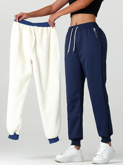 1pc of Autumn/winter Women's Long Pants, -lined Warm Casual Sweatpants for Women, Featuring an Elastic Drawstring Waist, Angled High Quality Zippered Pockets, and Windproof Thermal Cuffed Pants, Suitable for Daily Winter Wear at Home