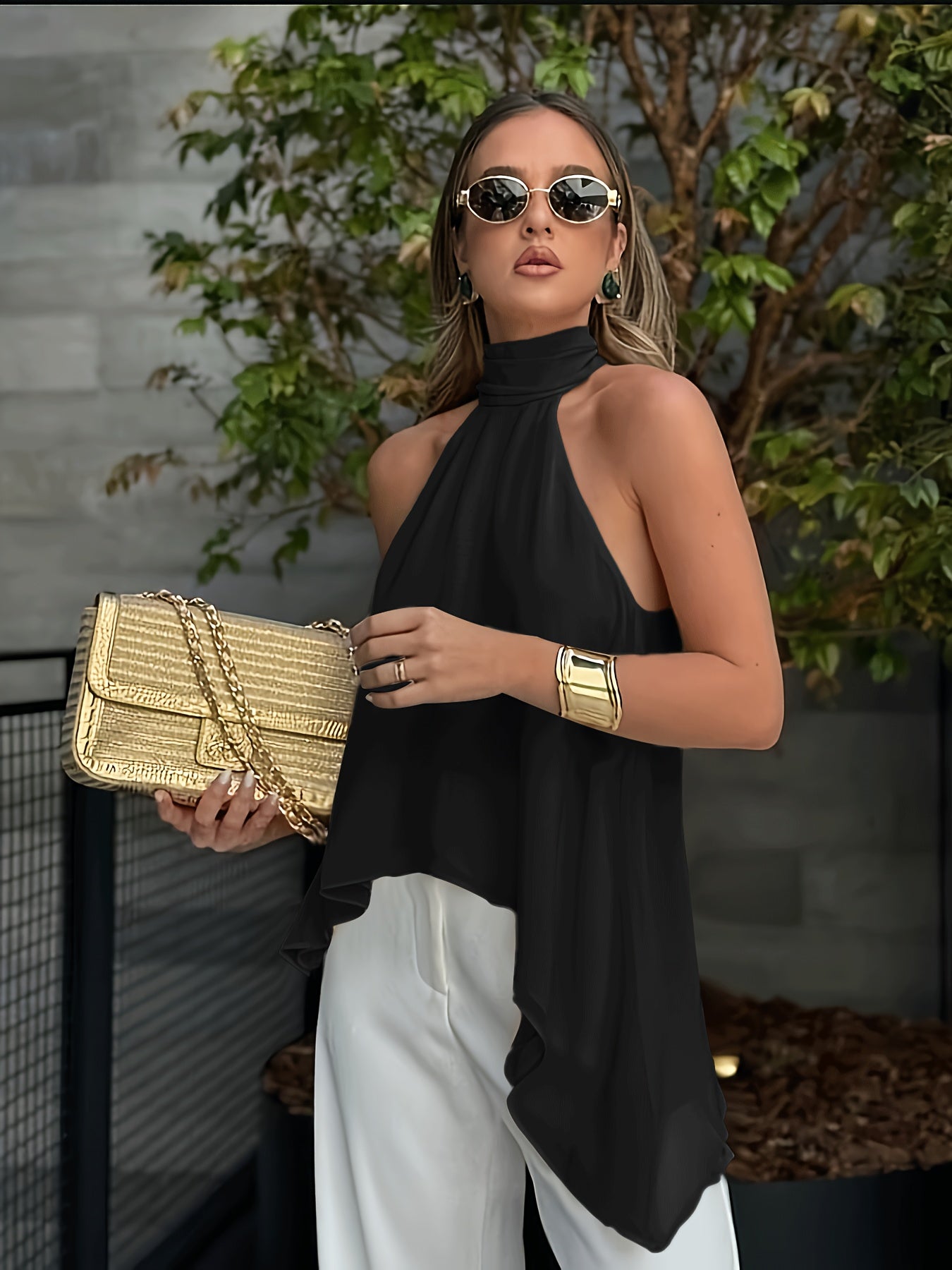 Effortless Chiffon Halter Blouse for Women with High Neck Sleeveless Asymmetric Hem Flowing Style
