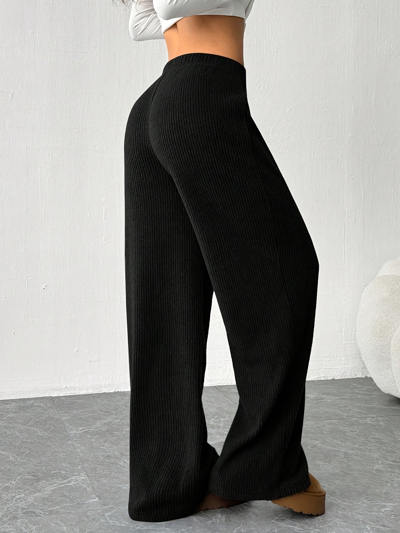 Effortless Ribbed Knit Wide Leg Pants for Women with High Waist Drawstring Relaxed Casual Style