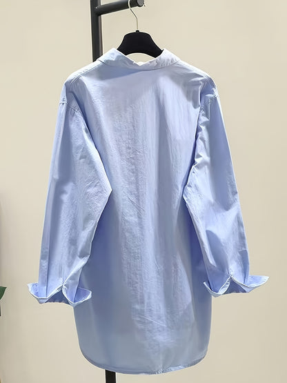 Effortless Cotton Blouse for Women with Point Collar Long Sleeve High Low Oversized Style