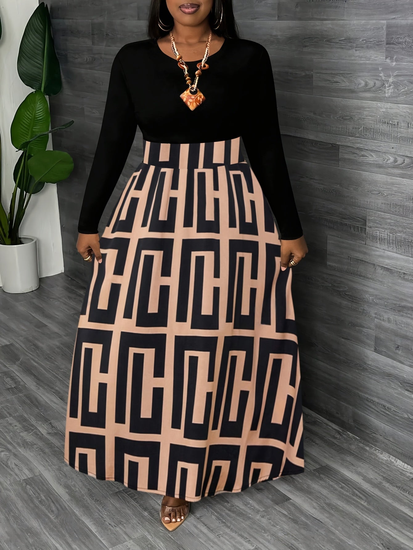 Plus Size, Fashionable Floral Embellished Round Neck Long Sleeve Color-Block Elegant Maxi Dress