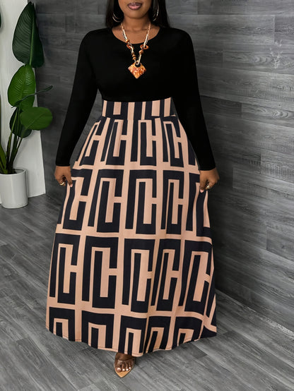 Plus Size, Fashionable Floral Embellished Round Neck Long Sleeve Color-Block Elegant Maxi Dress