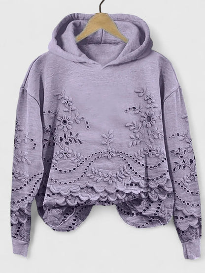 Effortless Floral Eyelet Hoodie for Women with Long Sleeve Scalloped Hem Cropped Casual Style