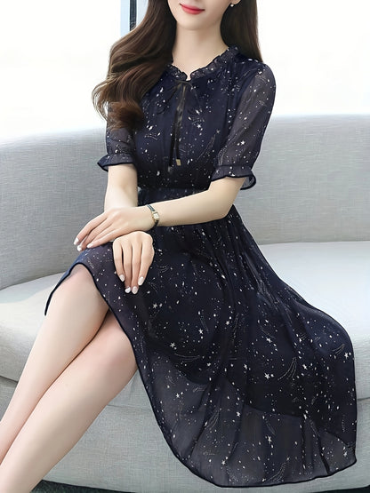 Q8103 Summer Printed Waist-Cinching Short-Sleeve Dress