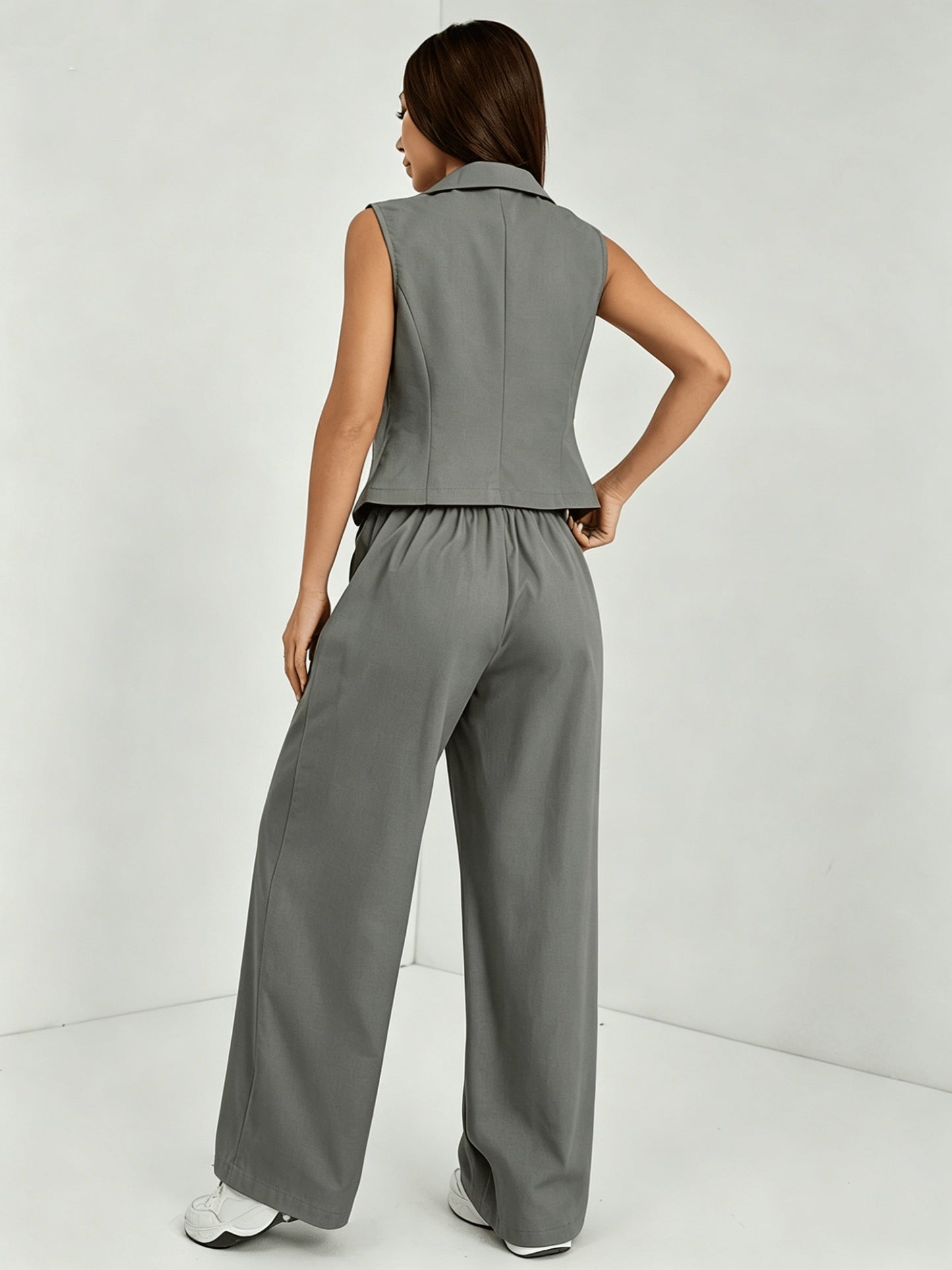 Effortless Navy Blue Two Piece Set for Women with Lapel Collar Sleeveless Vest Wide Leg Pant Casual Style