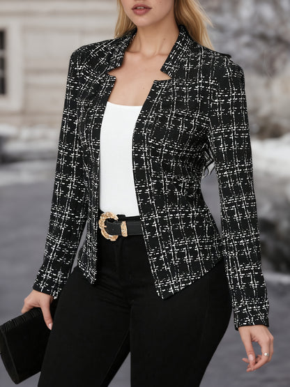 Elegant Tweed Blazer for Women with Lapel Collar Long Sleeve Open Front Fitted Style