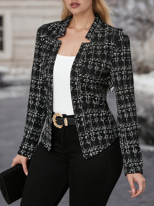 Elegant Tweed Blazer for Women with Lapel Collar Long Sleeve Open Front Fitted Style