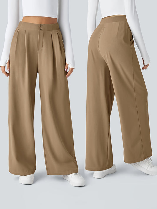 Elegant Khaki Wide Leg Pants for Women with High Waist Pleated Button Front Tailored Style
