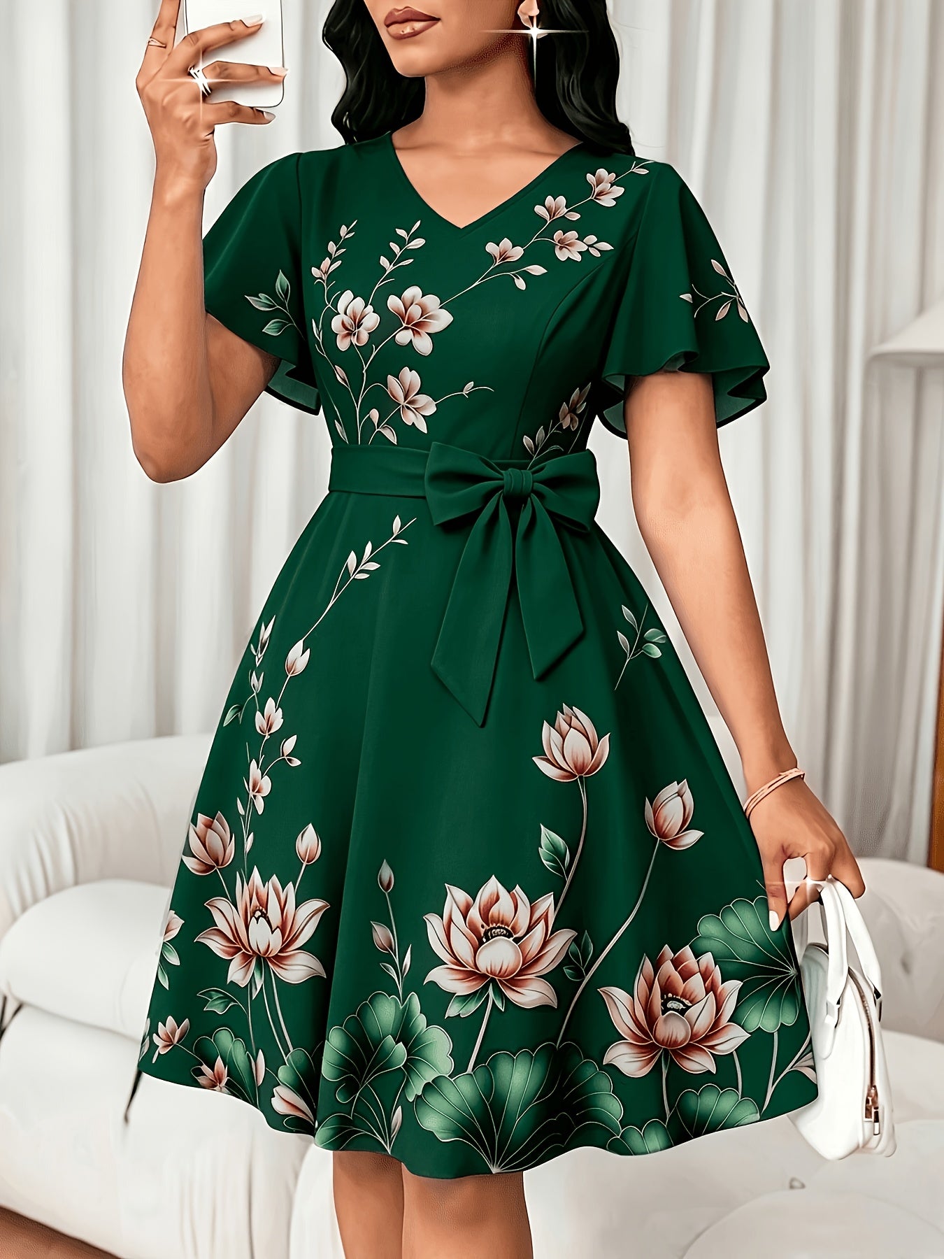 V-Neck Dress, Elegant Floral Print Short Sleeve, Waist-Cinching A-Line Midi Dress, Versatile Women's Wear for Commuting, Parties, and Daily Wear