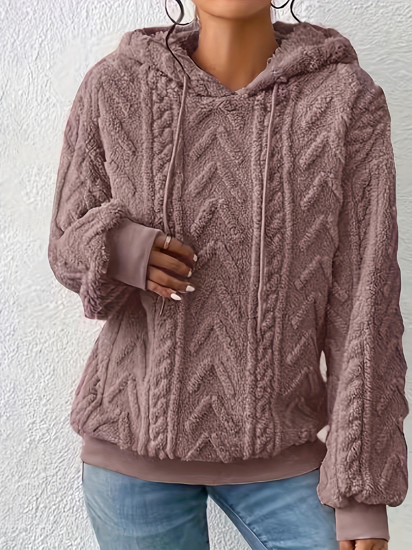 Comfortable Cable Knit Fleece Hoodie for Women with Drawstring Hood Long Sleeve Oversized Cozy Style
