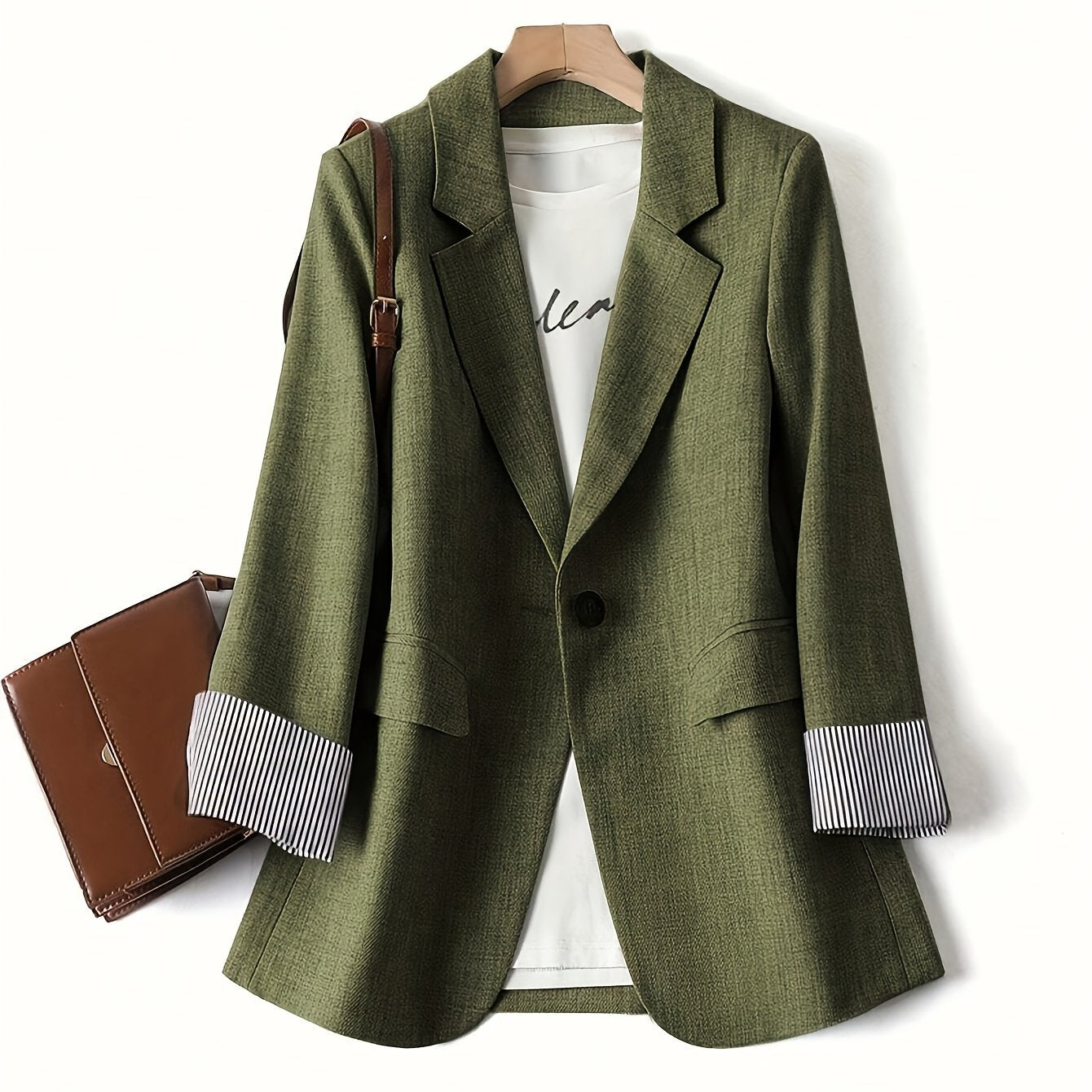 Elegant Fern Green Textured Blazer for Women with Notch Lapel Long Sleeve Striped Cuff Casual Style