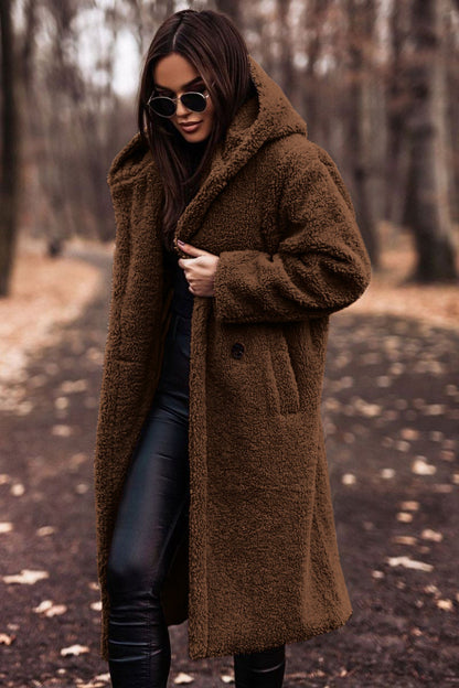 Effortless Shearling Coat for Women with Hooded Collar Long Sleeve Oversized Longline Style