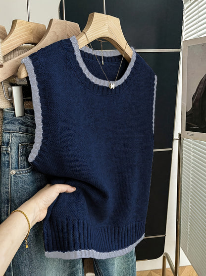 Comfortable Contrast Trim Sweater Vest for Women with Crew Neck Sleeveless Ribbed Hem Oversized Knit Style