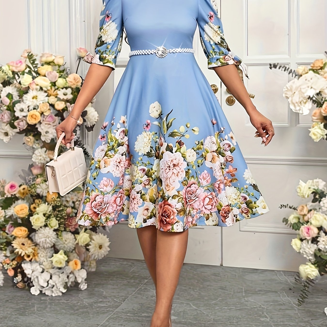 Summer Elegant Orienteering Style Floral Print Round Neck Bubble Short Sleeve Bow Women'S A-Line Dress