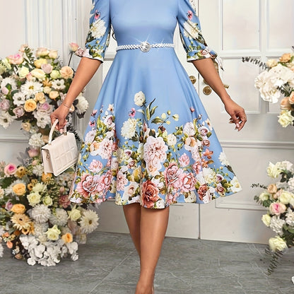 Summer Elegant Orienteering Style Floral Print Round Neck Bubble Short Sleeve Bow Women'S A-Line Dress