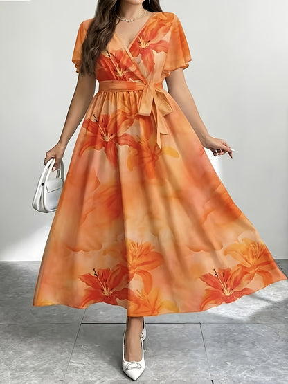 Plus Size - Plus Size - Plus Size Women'S Summer Printed Round Neck Short Sleeve Raglan Long Dress, Christmas Women'S Long Set