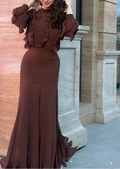 Elegant Brown Ruffle Maxi Dress for Women with Mock Neck Balloon Sleeve Mermaid Flowing Style