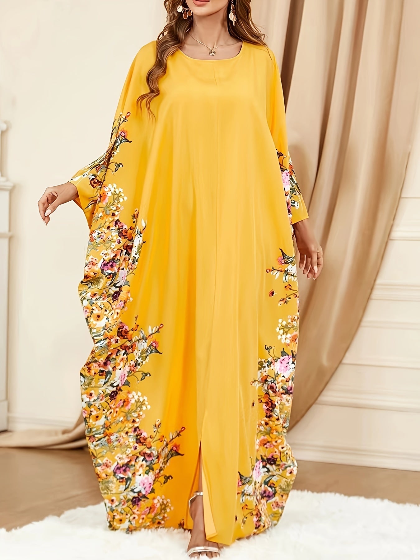 Elegant Floral Print Kaftan Maxi Dress for Women with Round Neck Batwing Sleeve Flowing Style