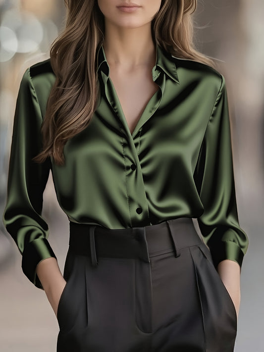 Elegant Satin Blouse for Women with Collar Long Sleeve Button Front Relaxed Silky Style