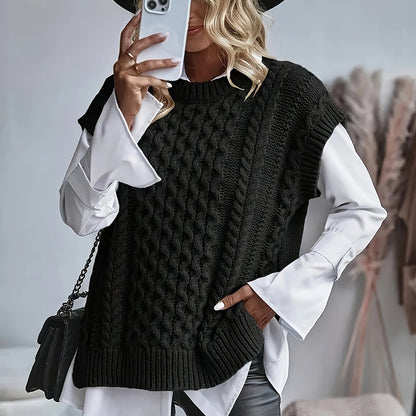 Comfortable Cable Knit Sweater Vest for Women with Crew Neck Sleeveless Chunky Oversized Style