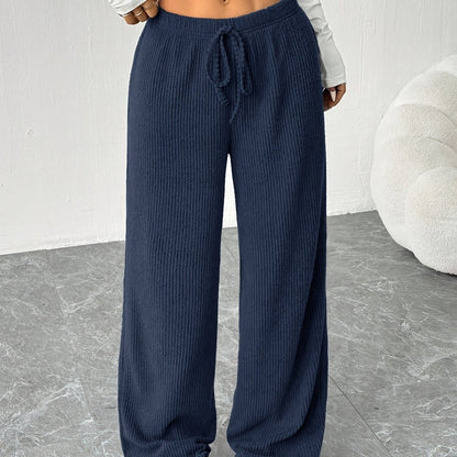 Effortless Ribbed Knit Wide Leg Pants for Women with High Waist Drawstring Relaxed Casual Style