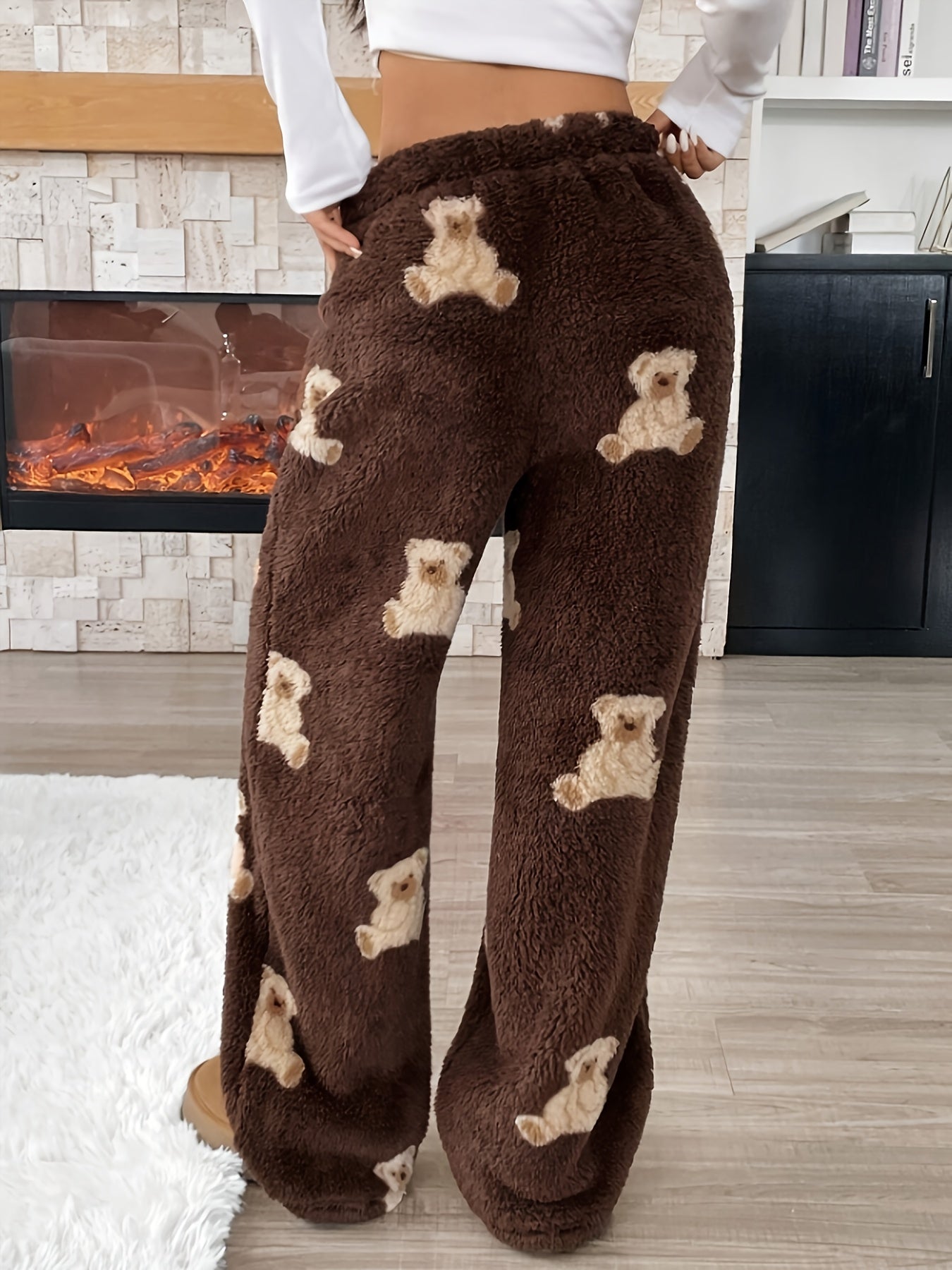 Women's Fashion  Pants with Cartoon Bear Pattern, Winter Warm Long Pants, Casual Home Pants