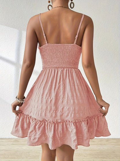 Effortless Smocked Mini Dress for Women with Square Neck Spaghetti Strap Tiered Ruffle Bohemian Style