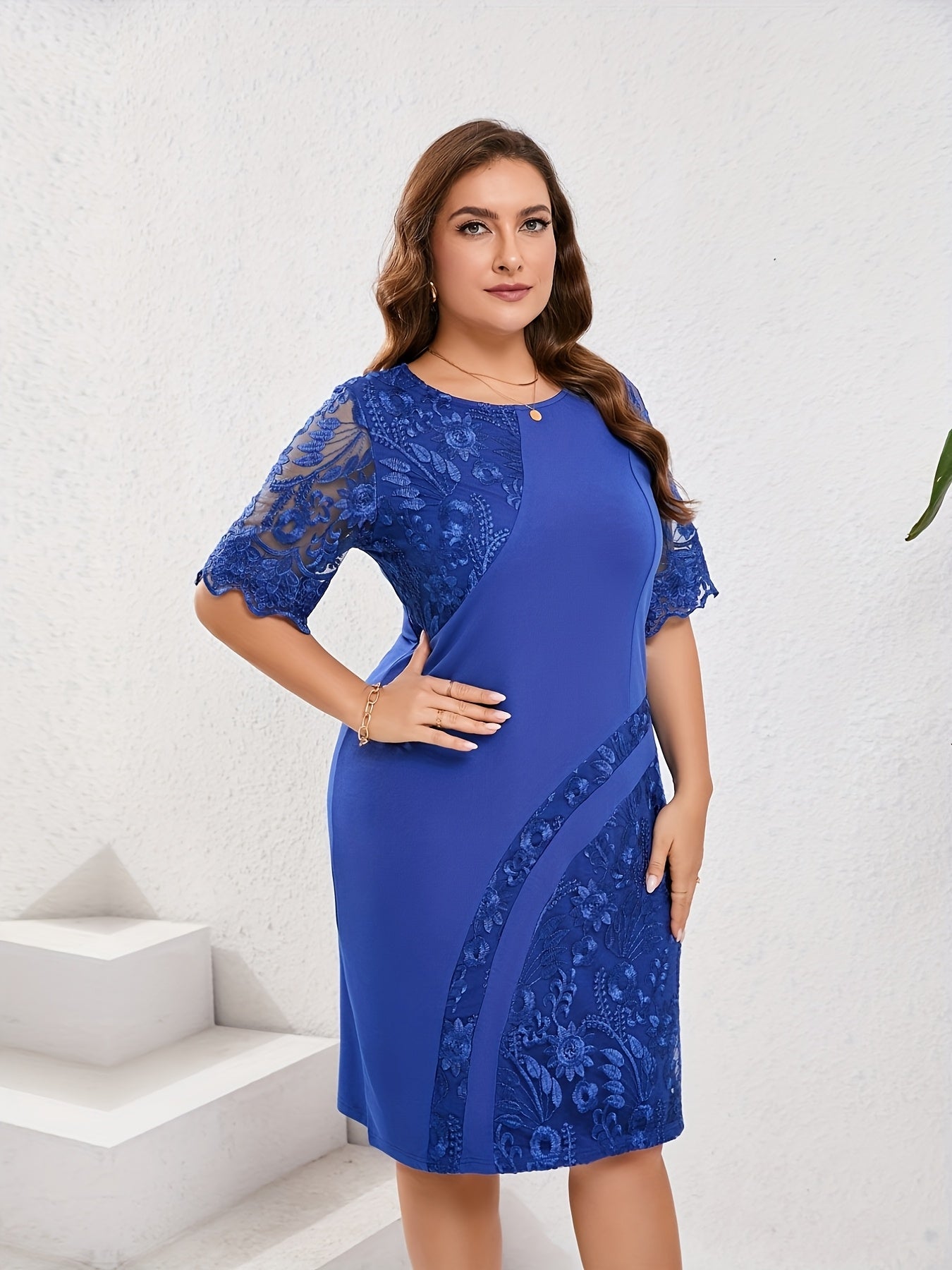 Elegant Embroidered Lace Midi Dress for Women with Round Neck Half Sleeve Bodycon Cocktail Style