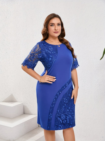 Elegant Embroidered Lace Midi Dress for Women with Round Neck Half Sleeve Bodycon Cocktail Style