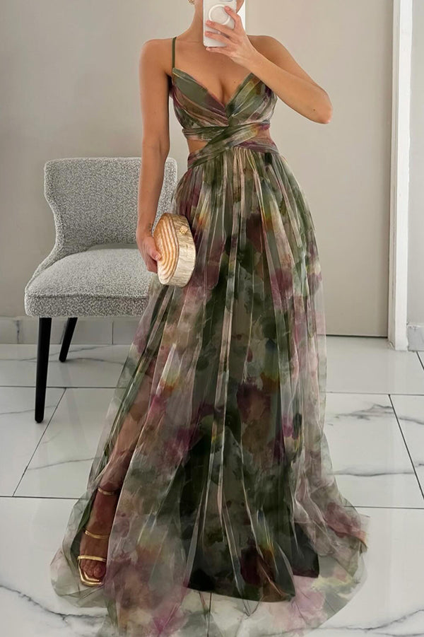 Elegant Watercolor Floral Maxi Dress for Women with V Neck Sleeveless Wrap Waist Flowing Formal Wedding Guest Style
