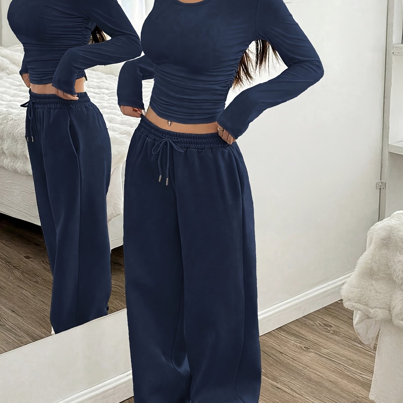 Oriented Elegant Ladies' Trousers Drawstring Pocket Design Solid Color Easy Versatile Sweatpants