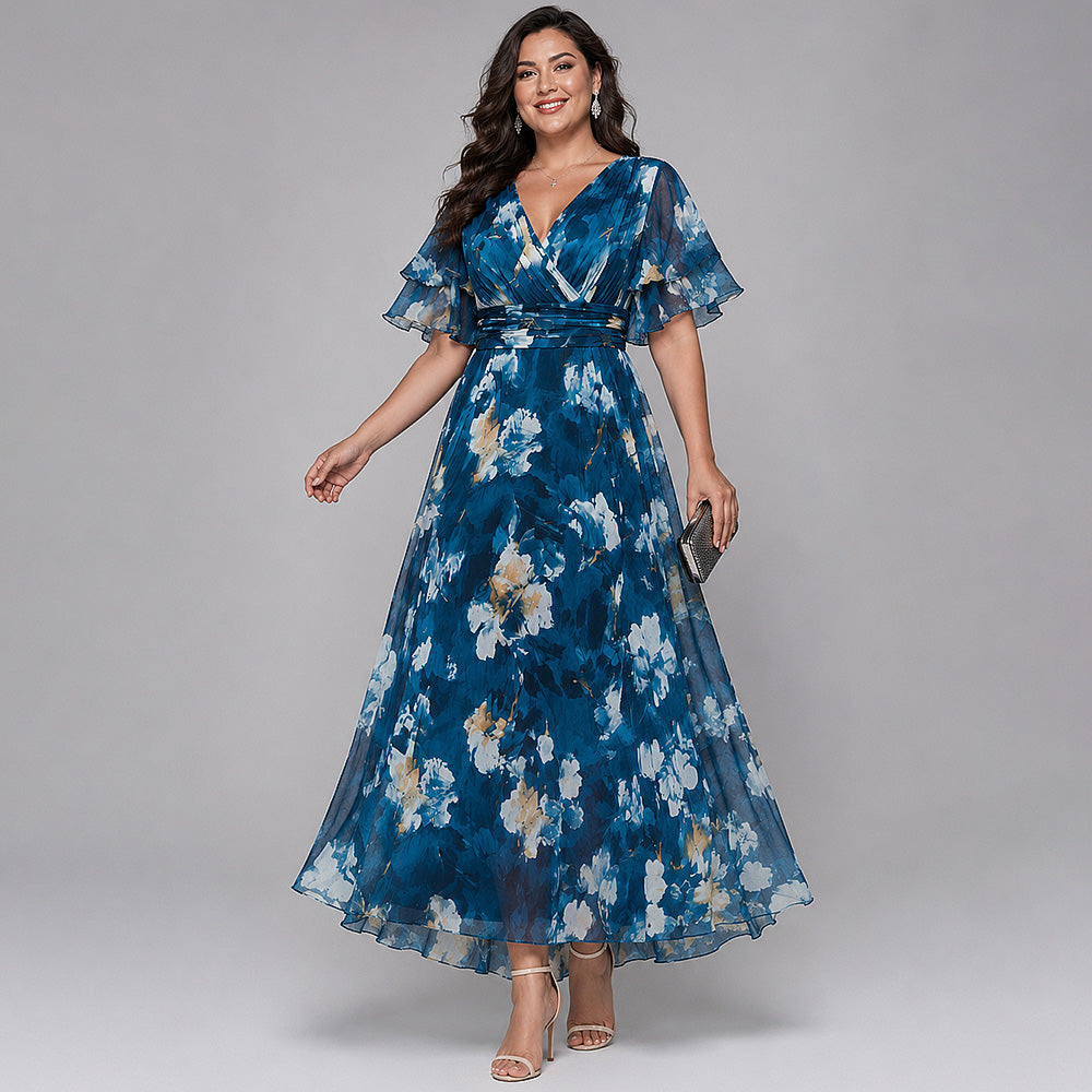 Elegant Blue Floral Maxi Dress for Women with V Neck Flutter Sleeve Flowing Wedding Guest Style