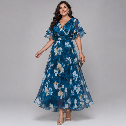 Elegant Blue Floral Maxi Dress for Women with V Neck Flutter Sleeve Flowing Wedding Guest Style