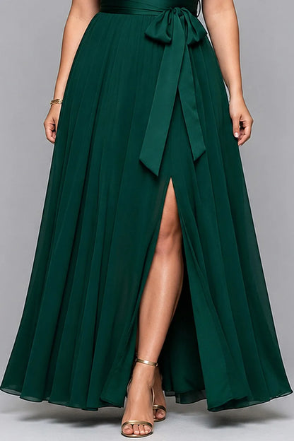 Elegant Dark Green Chiffon Maxi Dress for Women with V Neck Flutter Sleeve Wrap Tie Waist Flowing Formal Wedding Guest Style