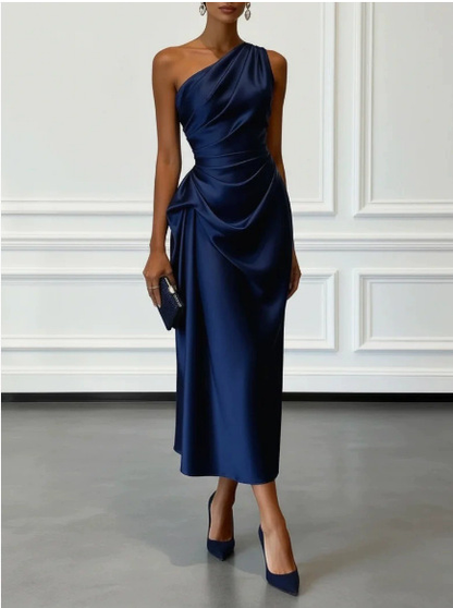 Elegant Satin Midi Dress for Women with One Shoulder Ruched Draped Sheath Formal Style