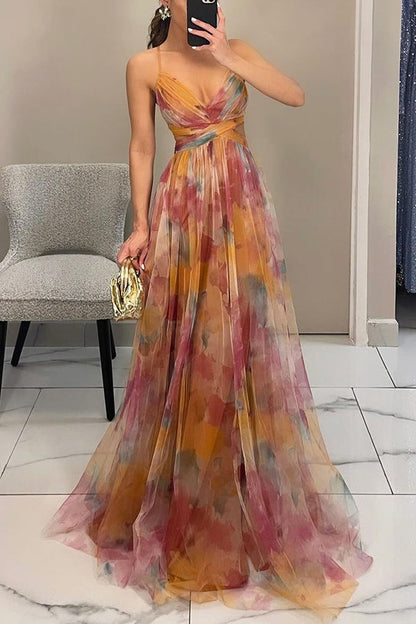 Elegant Watercolor Floral Maxi Dress for Women with V Neck Sleeveless Wrap Waist Flowing Formal Wedding Guest Style