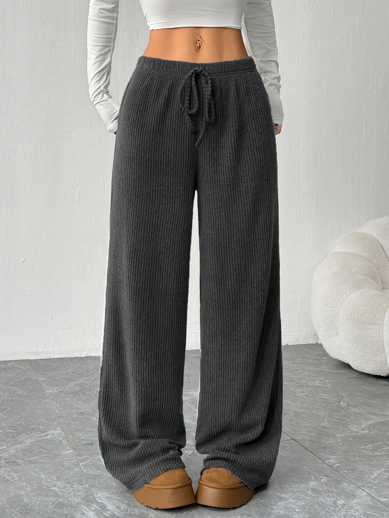 Effortless Ribbed Knit Wide Leg Pants for Women with High Waist Drawstring Relaxed Casual Style