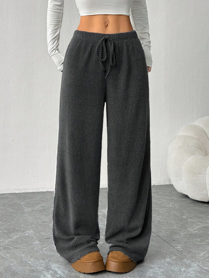Effortless Ribbed Knit Wide Leg Pants for Women with High Waist Drawstring Relaxed Casual Style