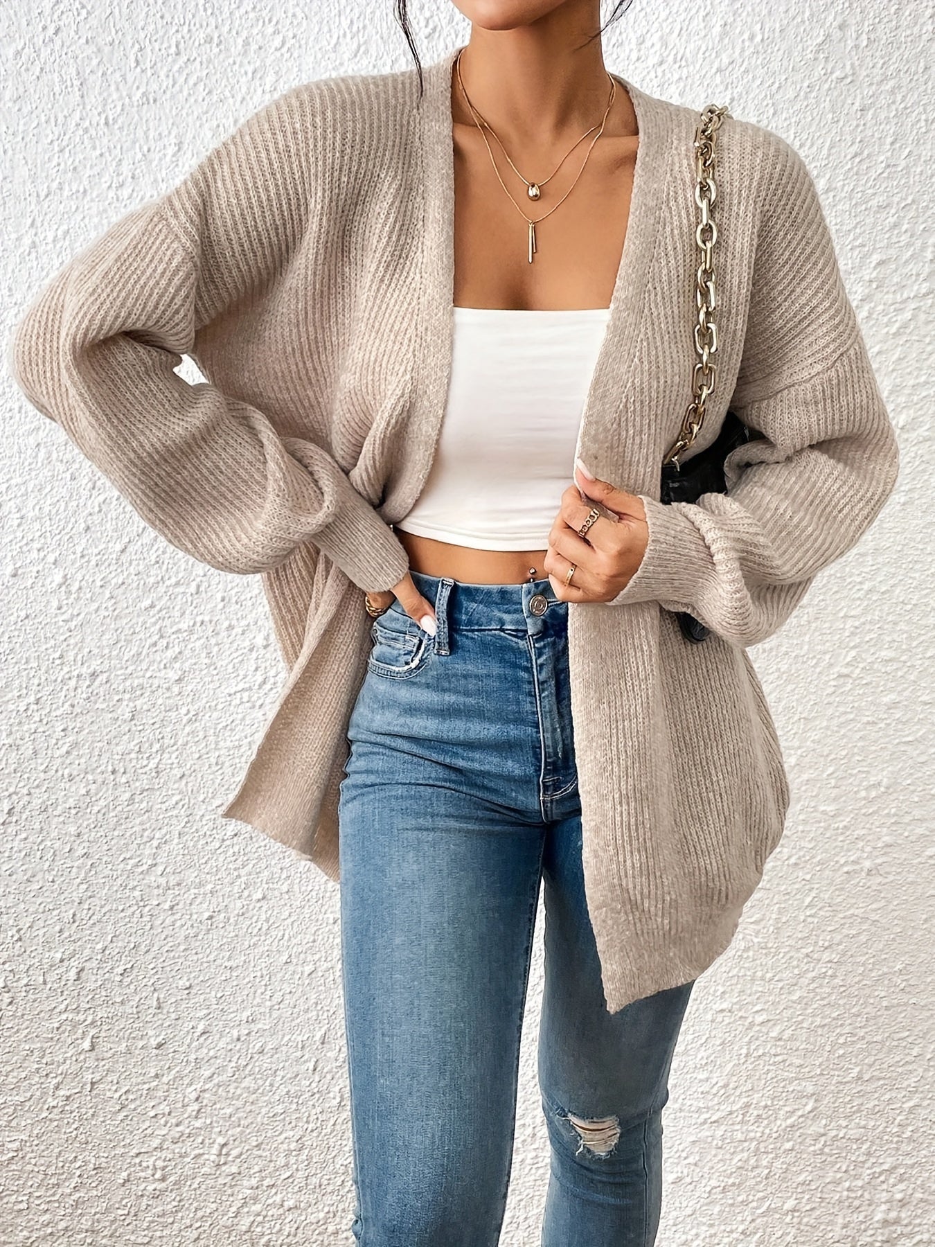 Comfortable Light Yellow Cardigan Sweater for Women with Open Front Balloon Sleeve Oversized Knit Style