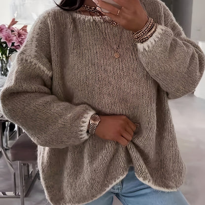 Solid Boat Neck Pullover Sweater, Women'S Casual Long Sleeve Loose Contrast Sweater